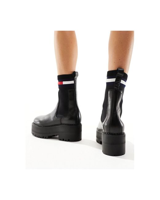 Tommy Hilfiger Black Flatform Chelsea Sock Boots