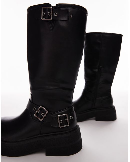 TOPSHOP Black Roy Chunky Biker Boots With Hardware