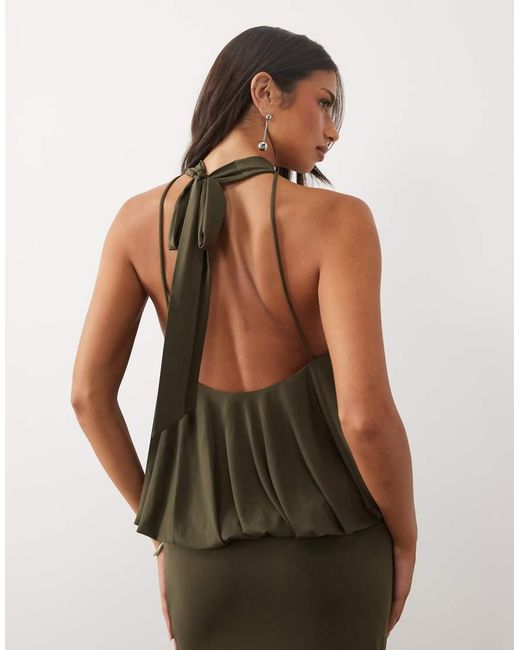 TFNC London Natural Slinky High Neck Halter Detail Open Back Maxi Dress
