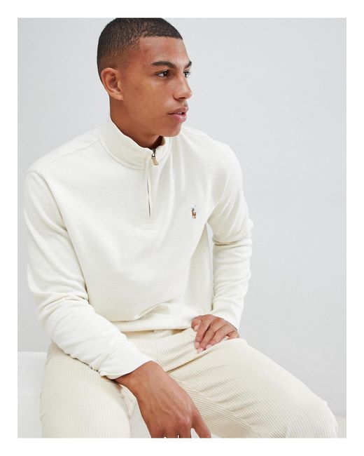 Polo Ralph Lauren White Half Zip Cotton Knit Jumper With Multi Player Logo In Cream for men