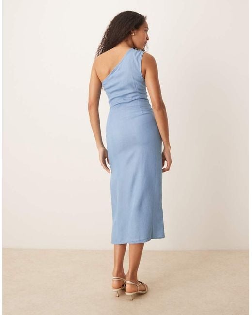 Mango Blue Draped One Shoulder Denim Look Midaxi Dress With Side Split
