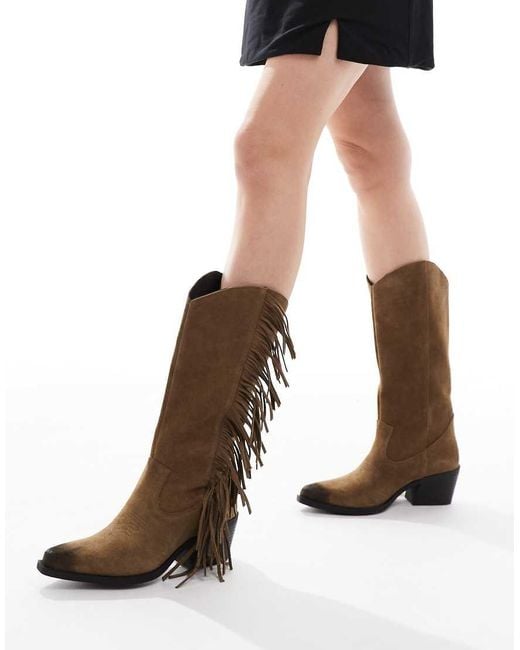 Pull&Bear Brown Boho Tassle Suede Western Boots