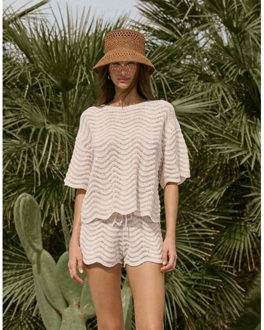 4th & Reckless Green Semi Sheer Wavy Knit Drop Waist Scallop Edge Beach T-Shirt Co-Ord