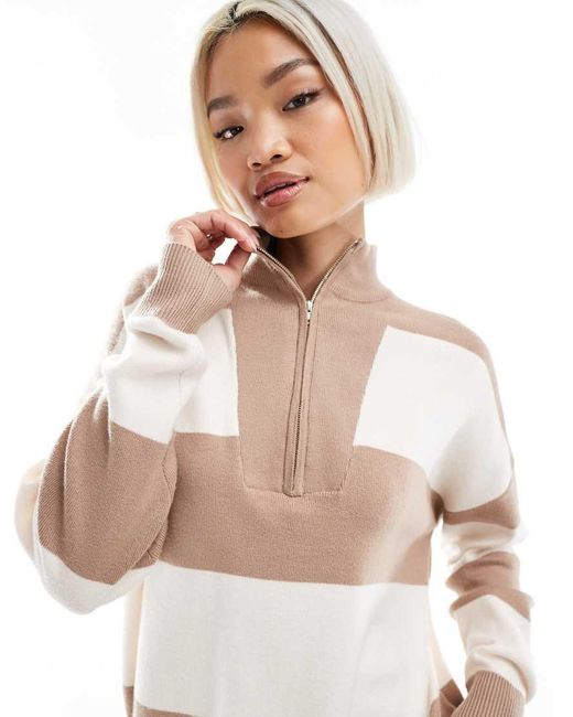 Brave Soul Natural Striped Half Zip Knitted Jumper