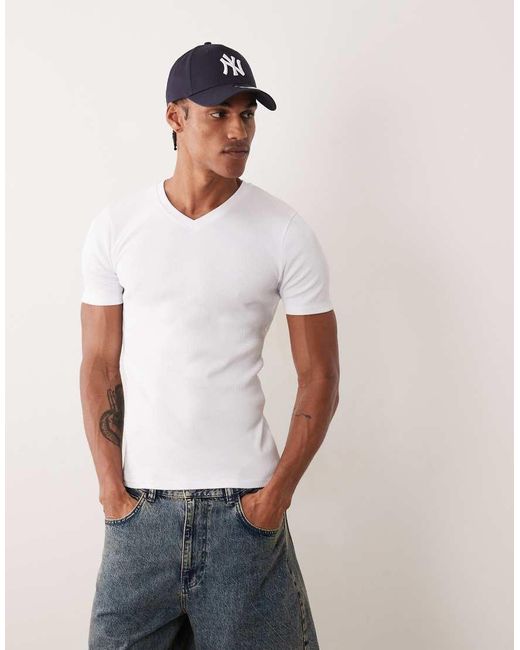 ASOS White Muscle Fit T-shirt With V-neck for men