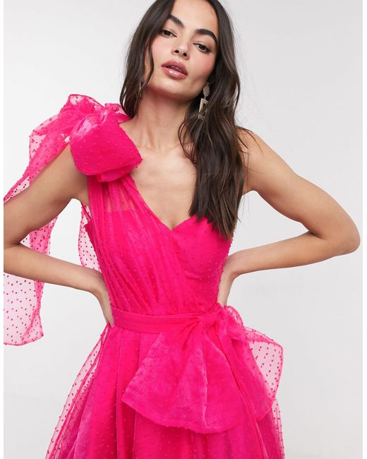 Vestito lungo da prom a ruota monospalla fucsia con fiocco rimovibile di  Bariano in Rosa | Lyst