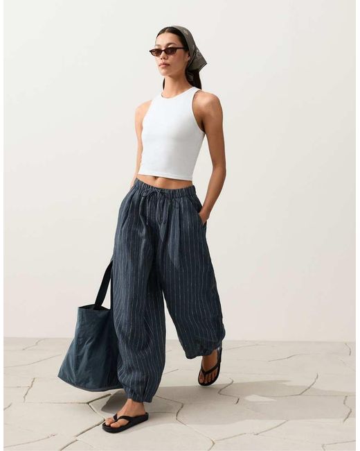Oysho Blue 100% Linen Pleated Balloon Trousers