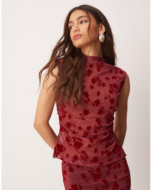 ASOS Red Ruched Side High Neck Flocked Mesh Top