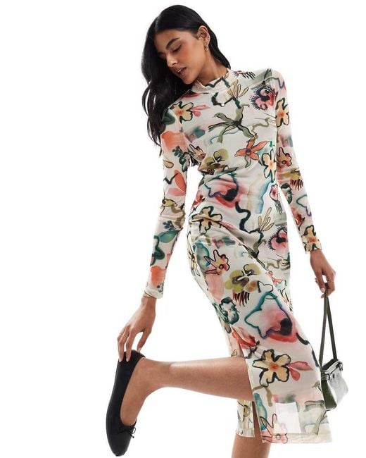 Fred Perry Gray Printed Mesh Midi Dress