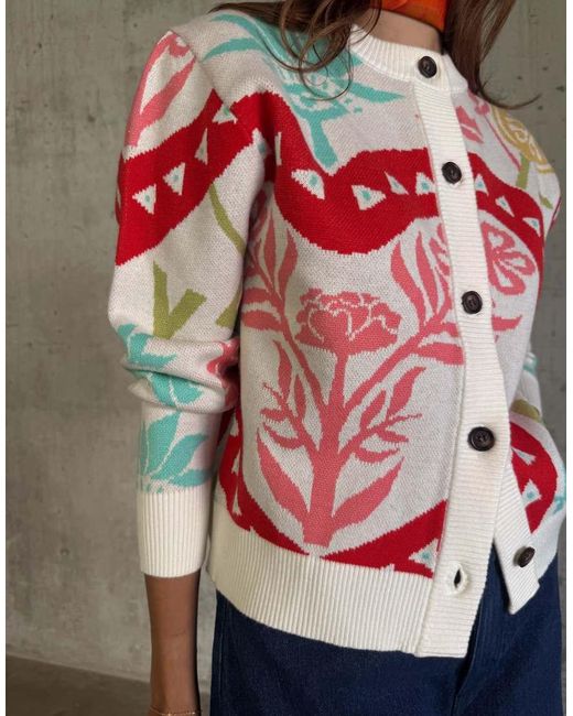 Never Fully Dressed Red Knit Crew Neck Cardigan