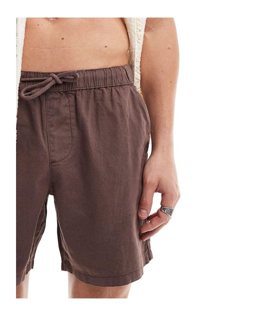 ASOS Natural Slim Mid Length Linen Shorts With Elasticated Waist for men
