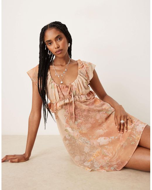 ASOS Natural – minikleid aus chiffon mit flatterärmeln und blumenmuster