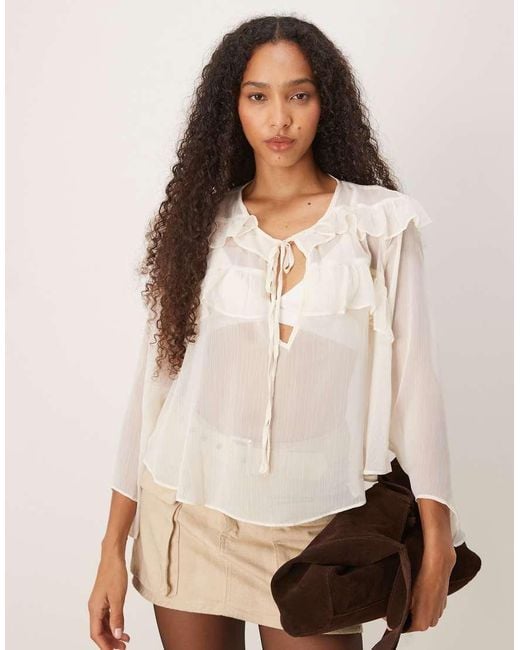Glamorous Natural Tie Front Keyhole Detail Ruffle Blouse