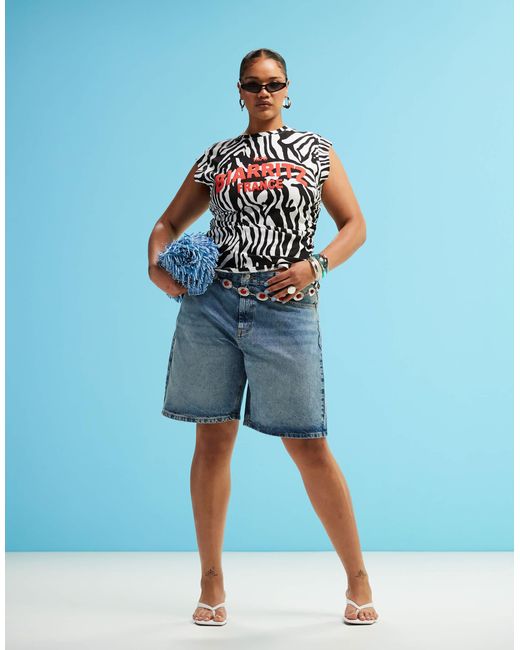 ASOS Blue Asos Design Curve Boat Neck Zebra Print Tank With Graphic