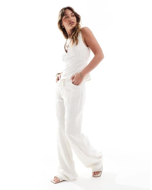 Stradivarius White Co-ord Linen Look Embroidery Detail Trouser
