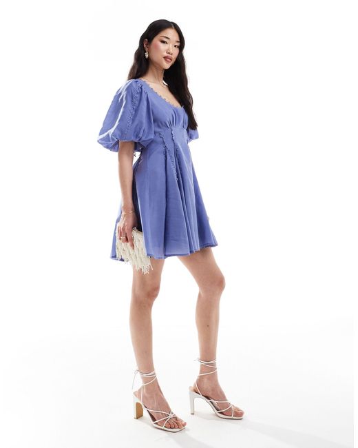 ASOS Blue Square Neck Lace Insert Mini Dress With Puff Sleeves