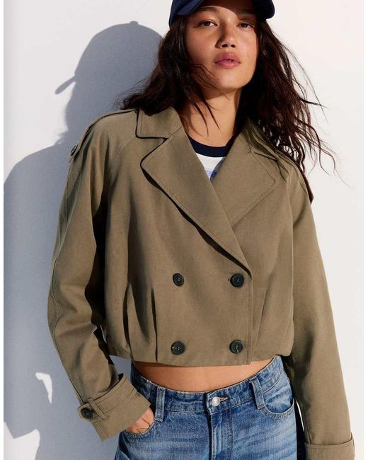 Bershka Blue Pleated Cropped Trench Coat