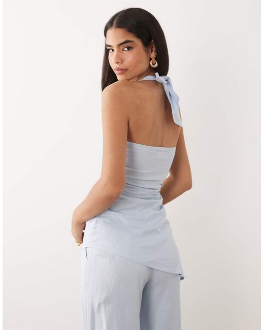 Kaiia White Exclusive Linen Blend Halterneck Asymmetric Hem Ruched Detail Top