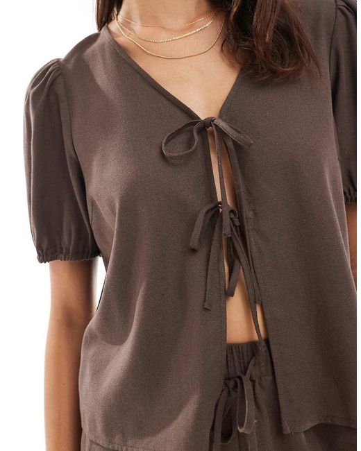 Pieces Brown Tie Detail Short Sleeve Top Co-ord