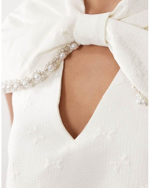 Sister Jane White Bridal Detachable Cape Detail Pearl Embellished Mini Dress