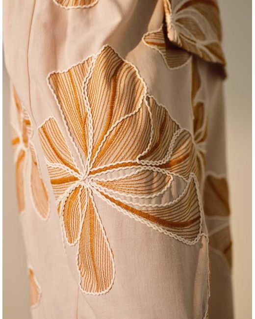 TOPSHOP Natural Low Rise Linen Look Stitch Detail Floral Pants
