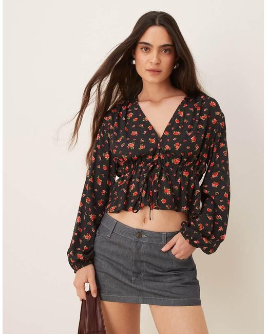 Mango Brown Tie Front Rose Print Blouse