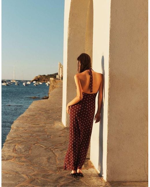 Stradivarius Brown Halter Neck Backless Midi Dress