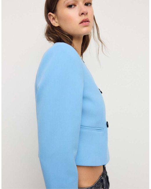 Stradivarius Blue Cropped Round Neck Blazer