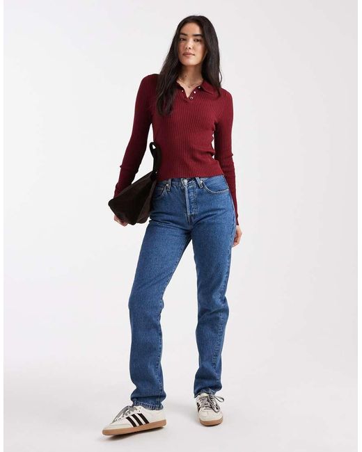 ONLY Red Ribbed Long Sleeve Polo