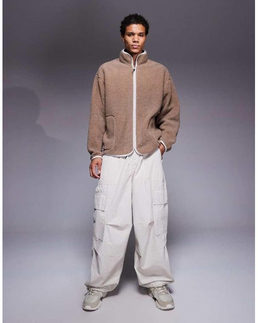 ASOS Gray Relaxed Borg Funnel Neck Zip Through With Piping for men