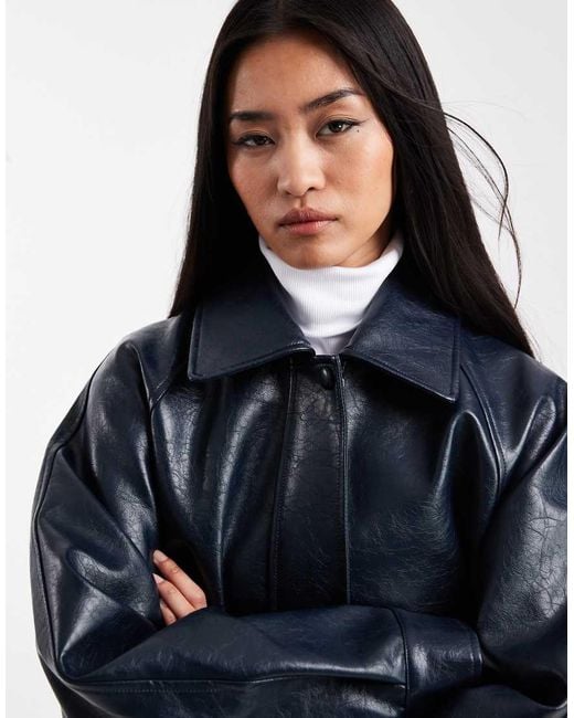 ASOS Blue Leather Look Oversized Bomber Jacket