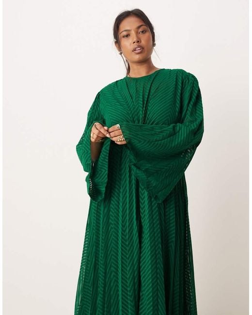 ASOS Green Asos Design Curve Tie Back Fluted Sleeve Pleated Chevron Chiffon Midi Dress