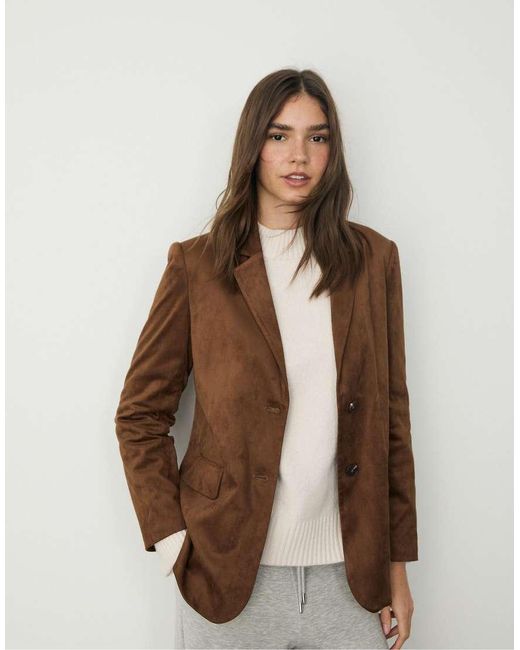 Stradivarius Brown Regular Fit Faux Suede Blazer