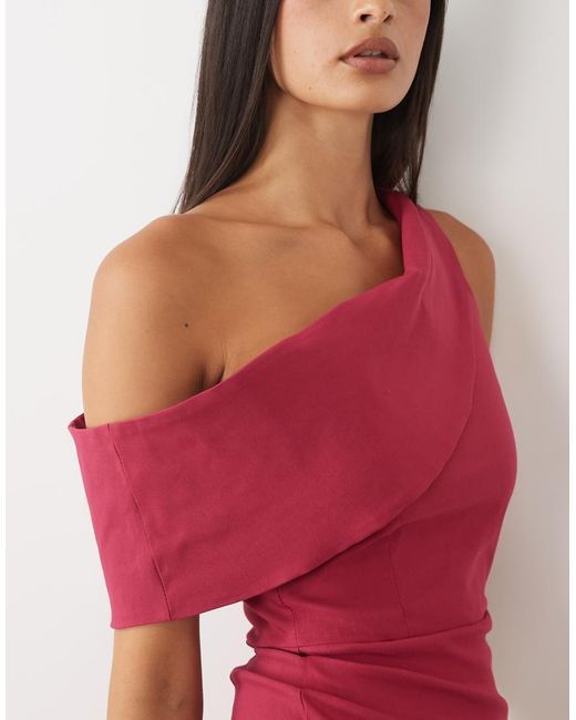 Vesper Red Bengaline Drape Off-shoulder Maxi Dress
