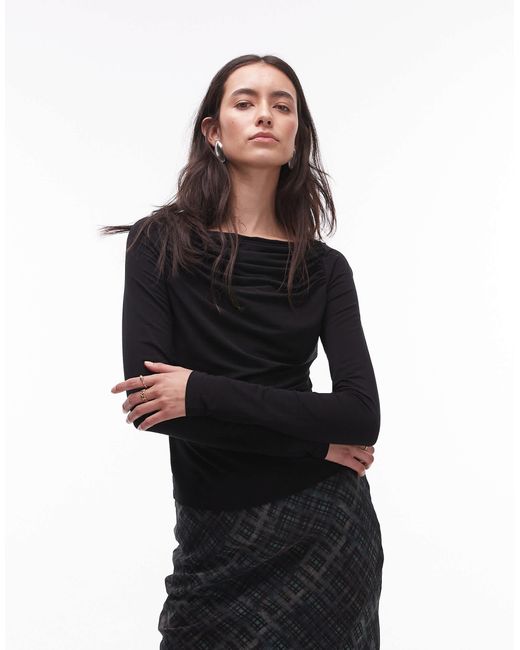 & Other Stories Black Supersoft Jersey Ruche Boat Neck Top With Long Sleeves