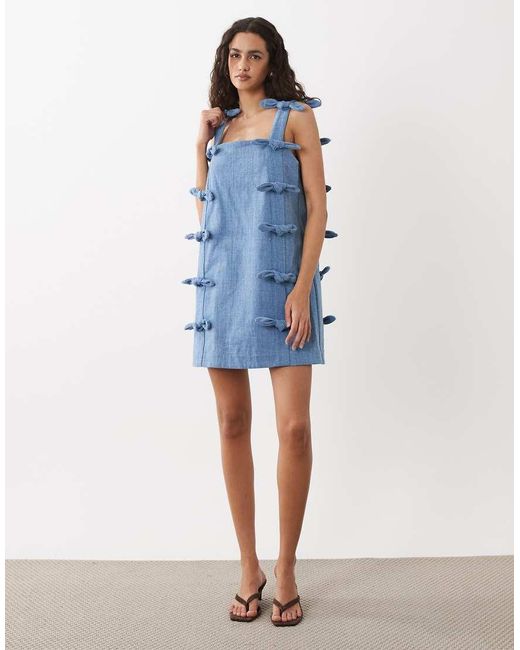Sister Jane Blue Larsson Denim Square Neck Bow Detail Mini Dress