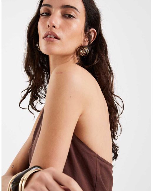 4th & Reckless Brown Linen Feel Halterneck V Neck Floaty Top