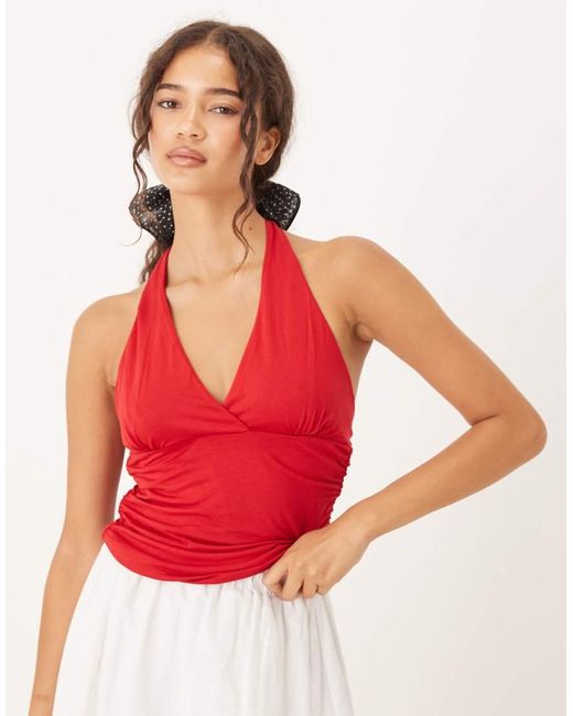 Top Fruncido Con Cuello Halter De Mango de color Red