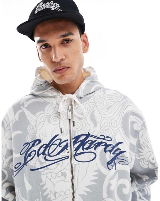 Ed Hardy Gray Y2K Shadow Graphic Zip Hoodie for men