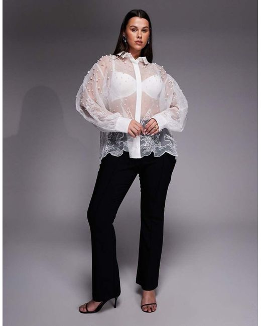 ASOS White Curve Organza And Lace Mix Pearl Embellished Shirt