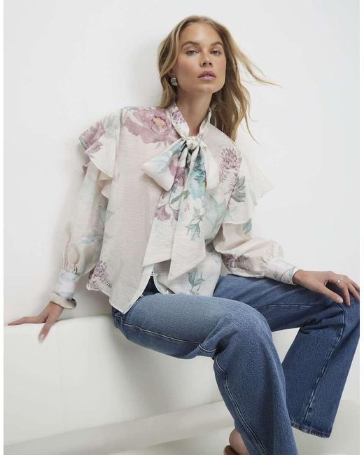 River Island Blue Floral Pussybow Blouse