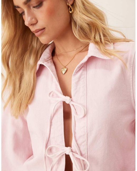 Gina Tricot Pink Wide Sleeve Front Tie Denim Shirt