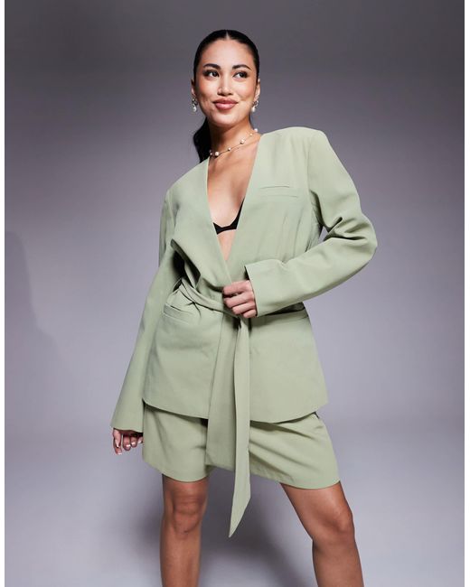 Blazer d'ensemble sans col avec liens noués à la taille - pistache ASOS en coloris Natural