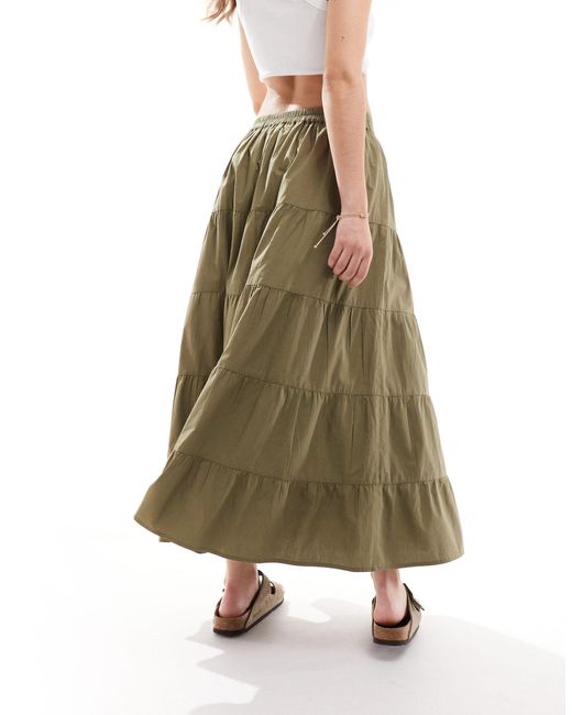 Miss Selfridge Green Button Through Tiered Prairie Maxi Skirt
