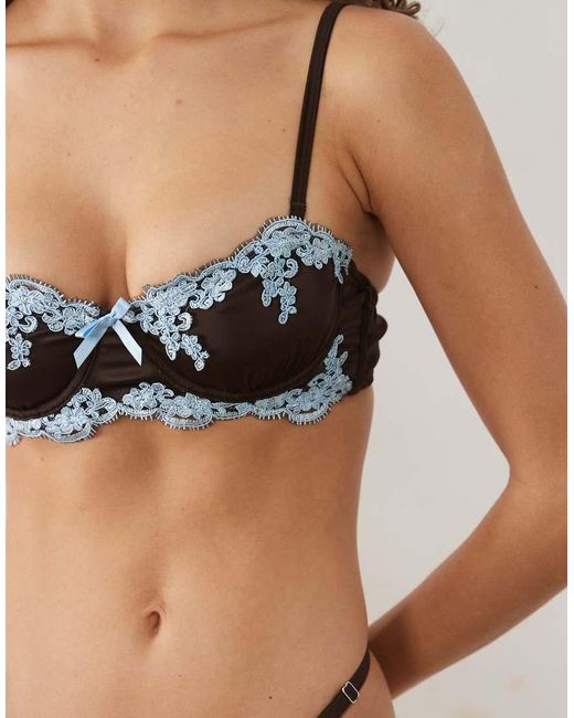 KAT THE LABEL Brown Jean Underwire Bra With Blue Lace Trim