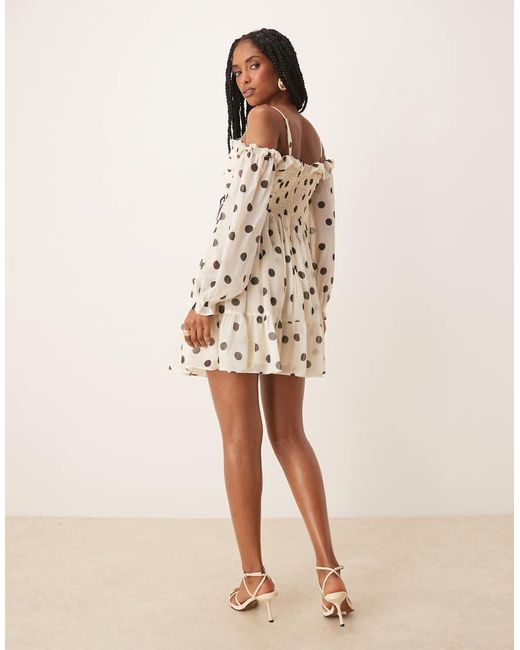 ANAYA Natural Polka Dot Bardot Long Sleeve Mini Dress