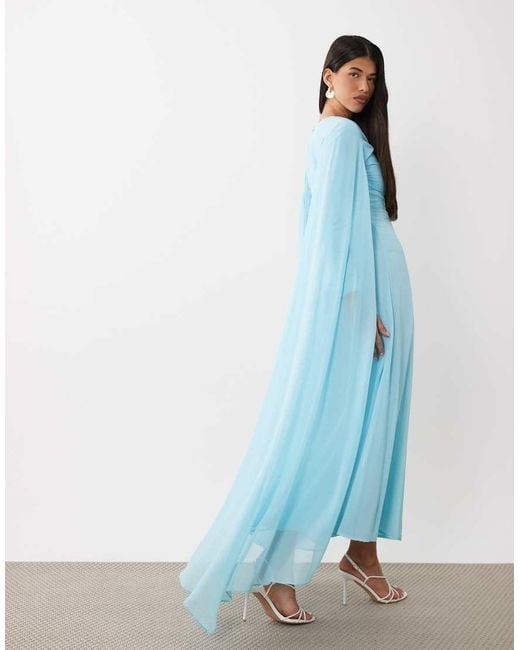 Beauut Blue Chiffon Cape Sleeve Crew Neck Maxi Dress