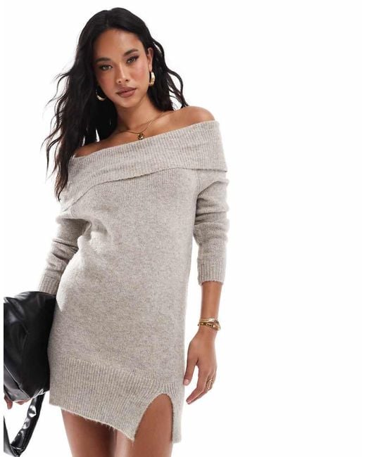 In The Style White Bardot Foldover Knitted Mini Jumper Dress