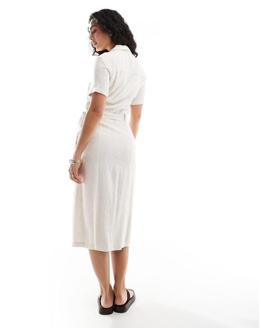ONLY White Linen Mix Tie Waist Shirt Dress