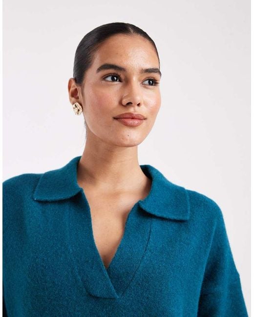 Monki Blue Long Sleeve Collar Polo Knitted Jumper